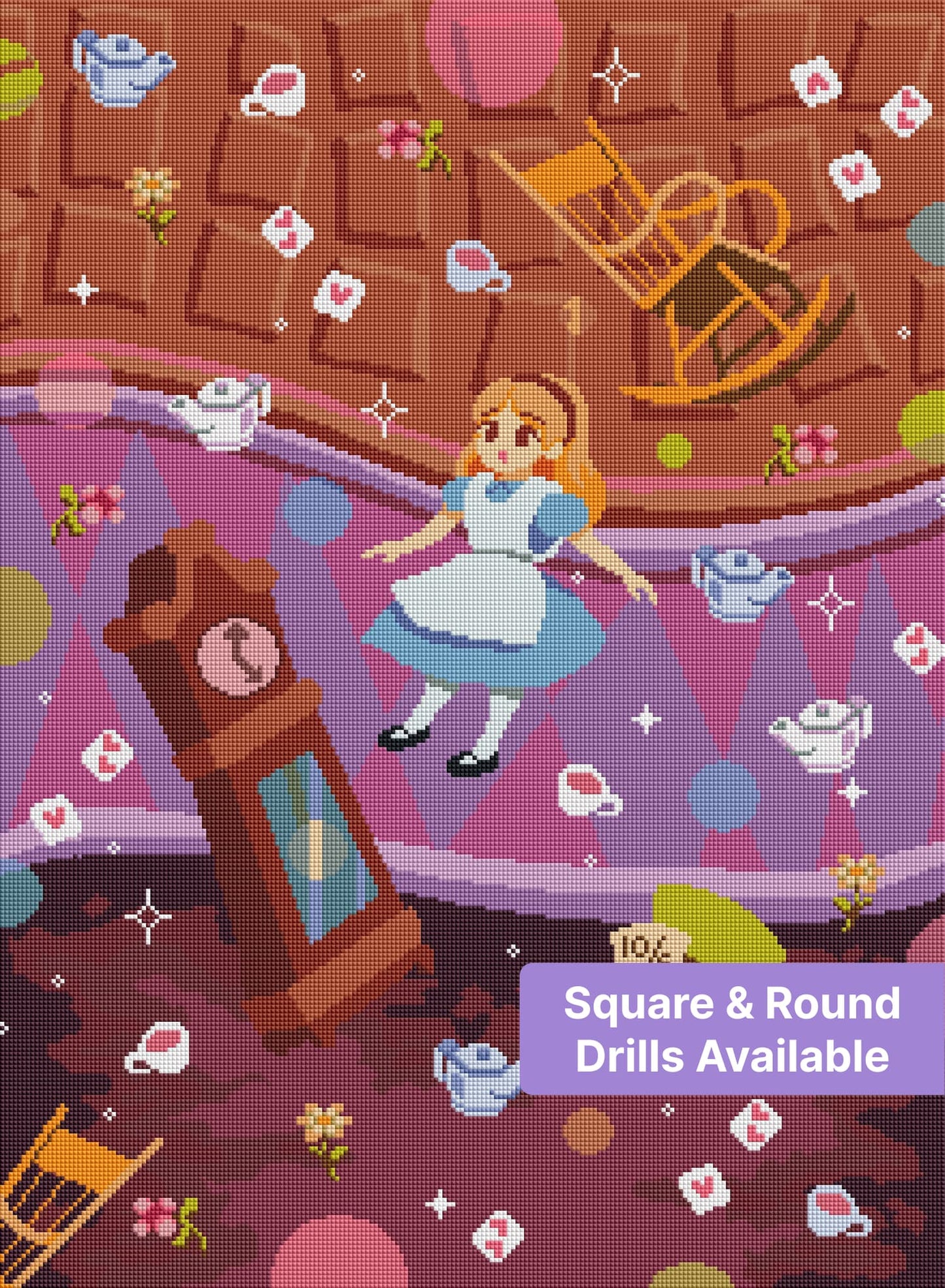 pixelated alice diamond art kit featuring a whimsical alice in wonderland scene