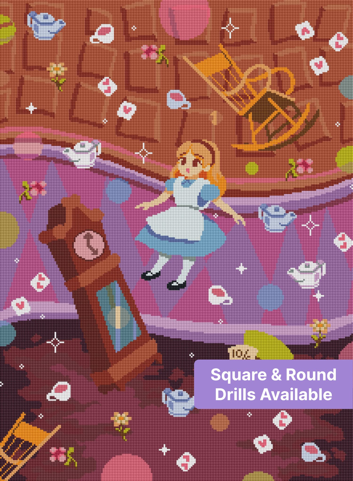 pixelated alice diamond art kit featuring a whimsical alice in wonderland scene