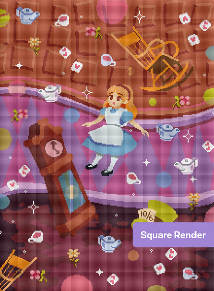 pixelated alice diamond art kit featuring a whimsical alice in wonderland scene
