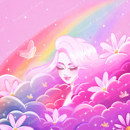 Pastel fantasy girl among clouds, rainbow, and flowers in a dreamy pink illustration