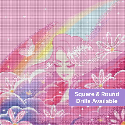 Pastel fantasy girl among clouds, rainbow, and flowers in a dreamy pink illustration