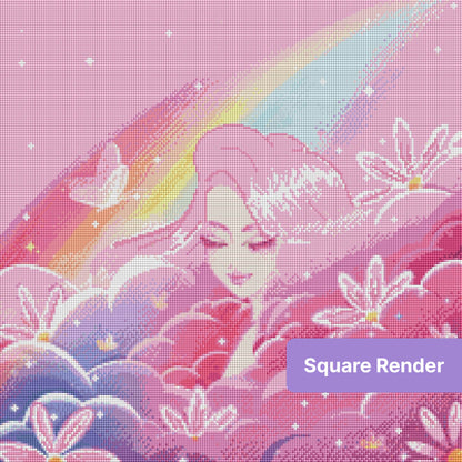 Pastel fantasy girl among clouds, rainbow, and flowers in a dreamy pink illustration