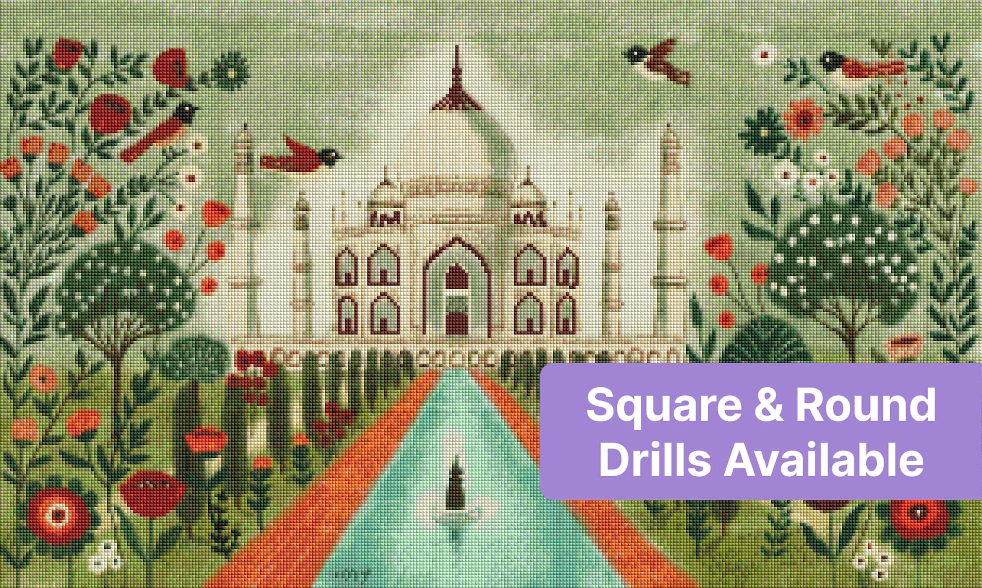 Whimsical Taj Mahal garden scene with birds, flowers, and soft green tones