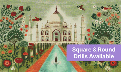 Whimsical Taj Mahal garden scene with birds, flowers, and soft green tones