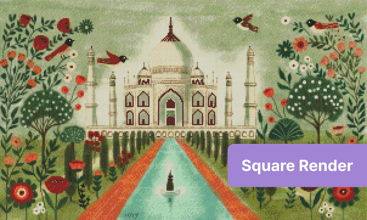 Whimsical Taj Mahal garden scene with birds, flowers, and soft green tones