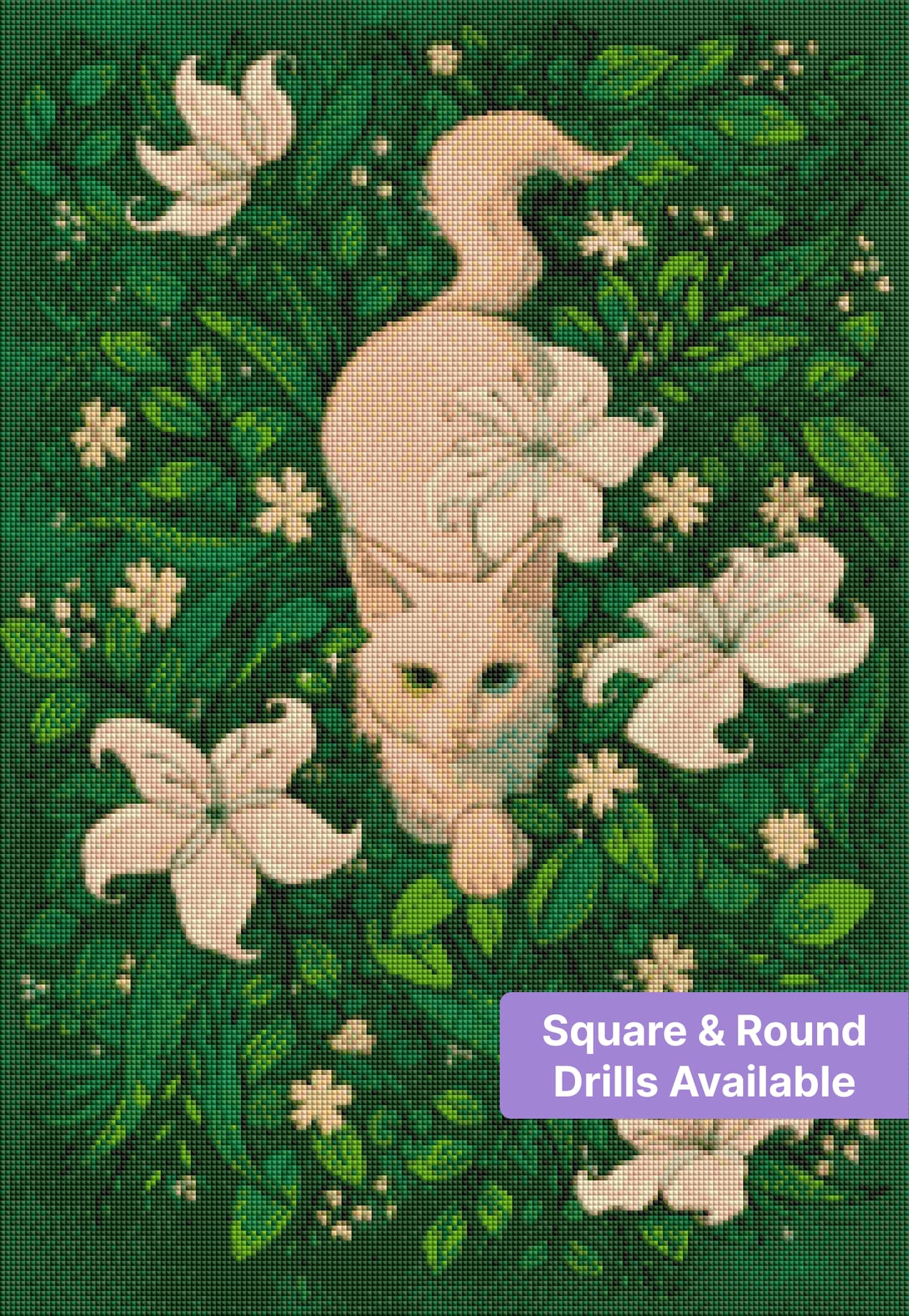 White cat with floral garden design, surrounded by lush green leaves and white blossoms
