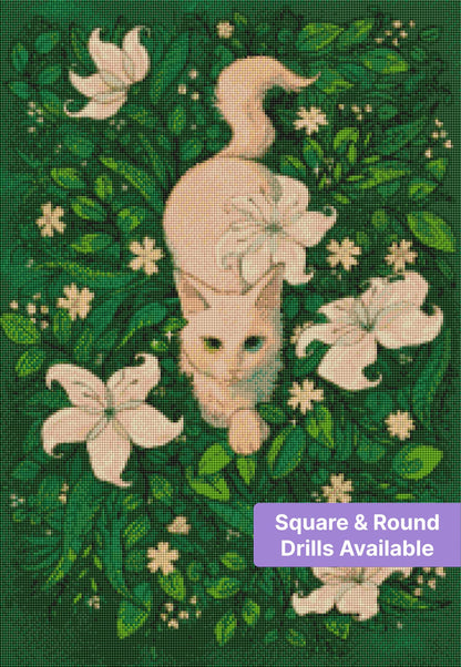 White cat with floral garden design, surrounded by lush green leaves and white blossoms