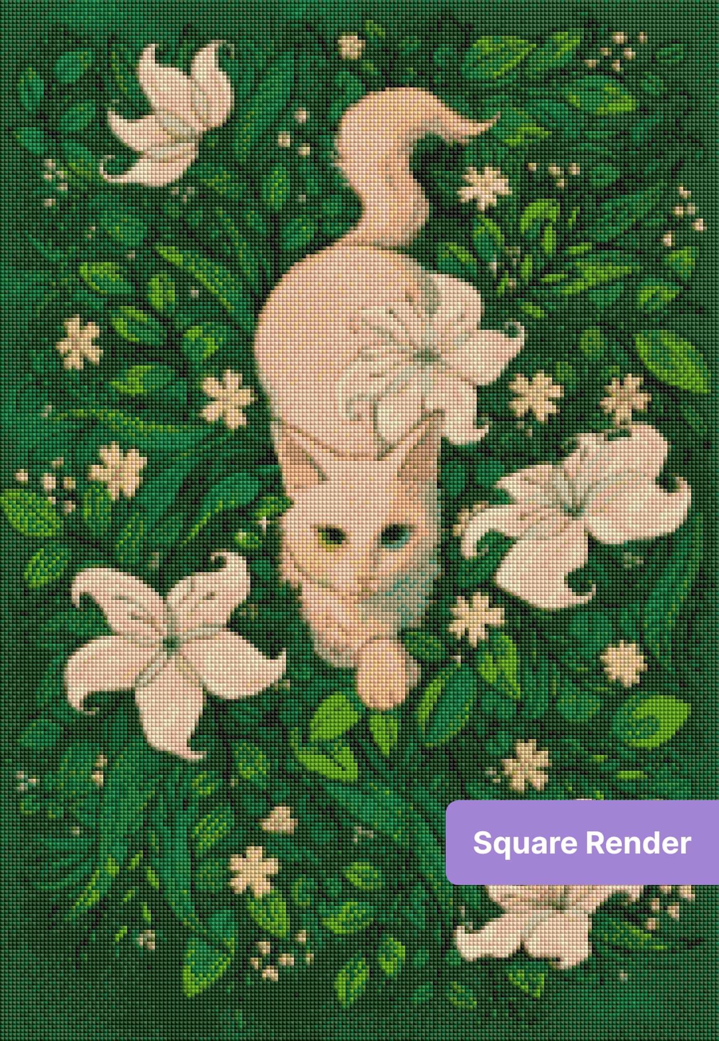 White cat with floral garden design, surrounded by lush green leaves and white blossoms