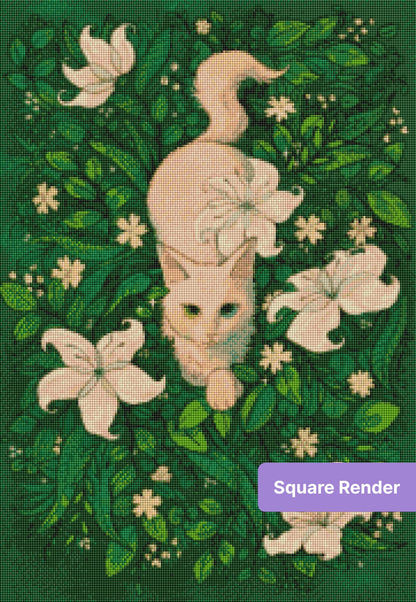 White cat with floral garden design, surrounded by lush green leaves and white blossoms