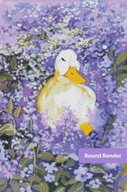 White duck surrounded by lavender flowers in a soft watercolor-style diamond painting design
