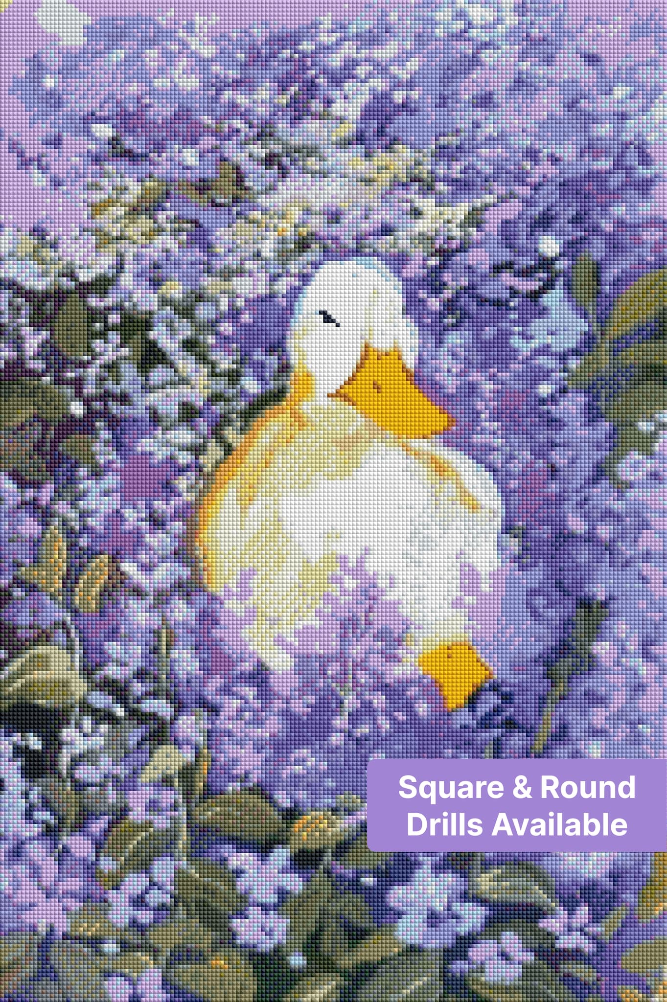White duck surrounded by lavender flowers in a soft watercolor-style diamond painting design