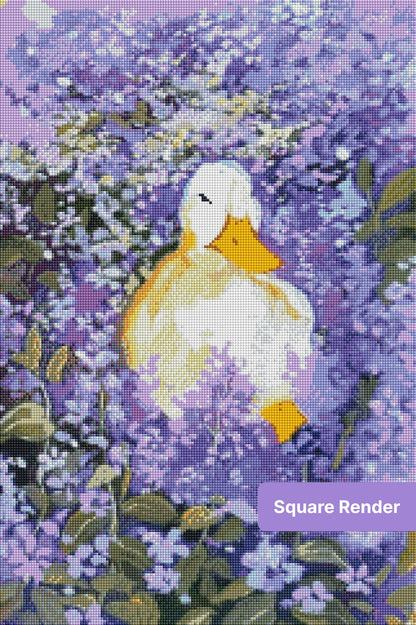 White duck surrounded by lavender flowers in a soft watercolor-style diamond painting design