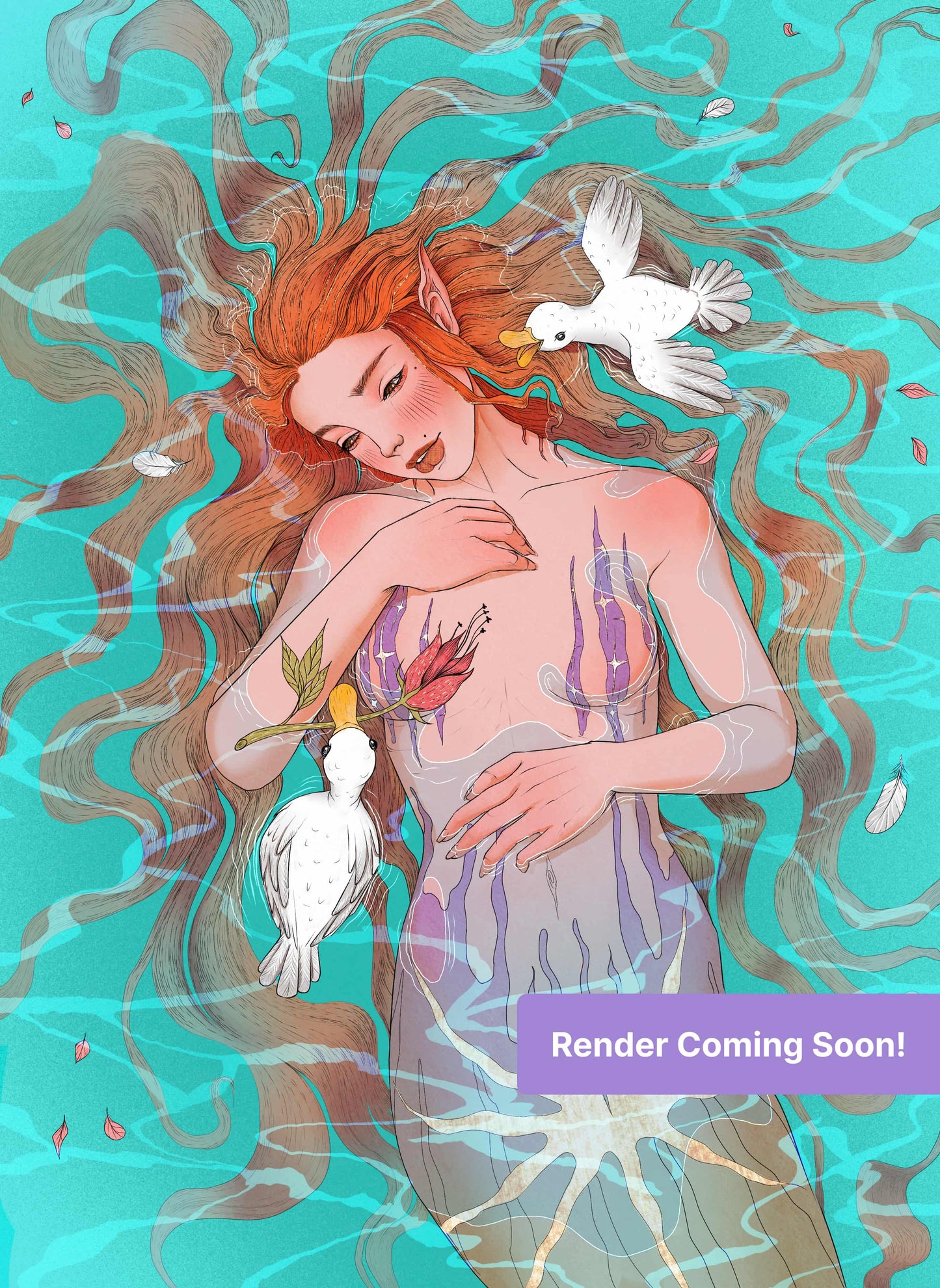 Fantasy mermaid woman with flowing hair, white birds, and turquoise background
