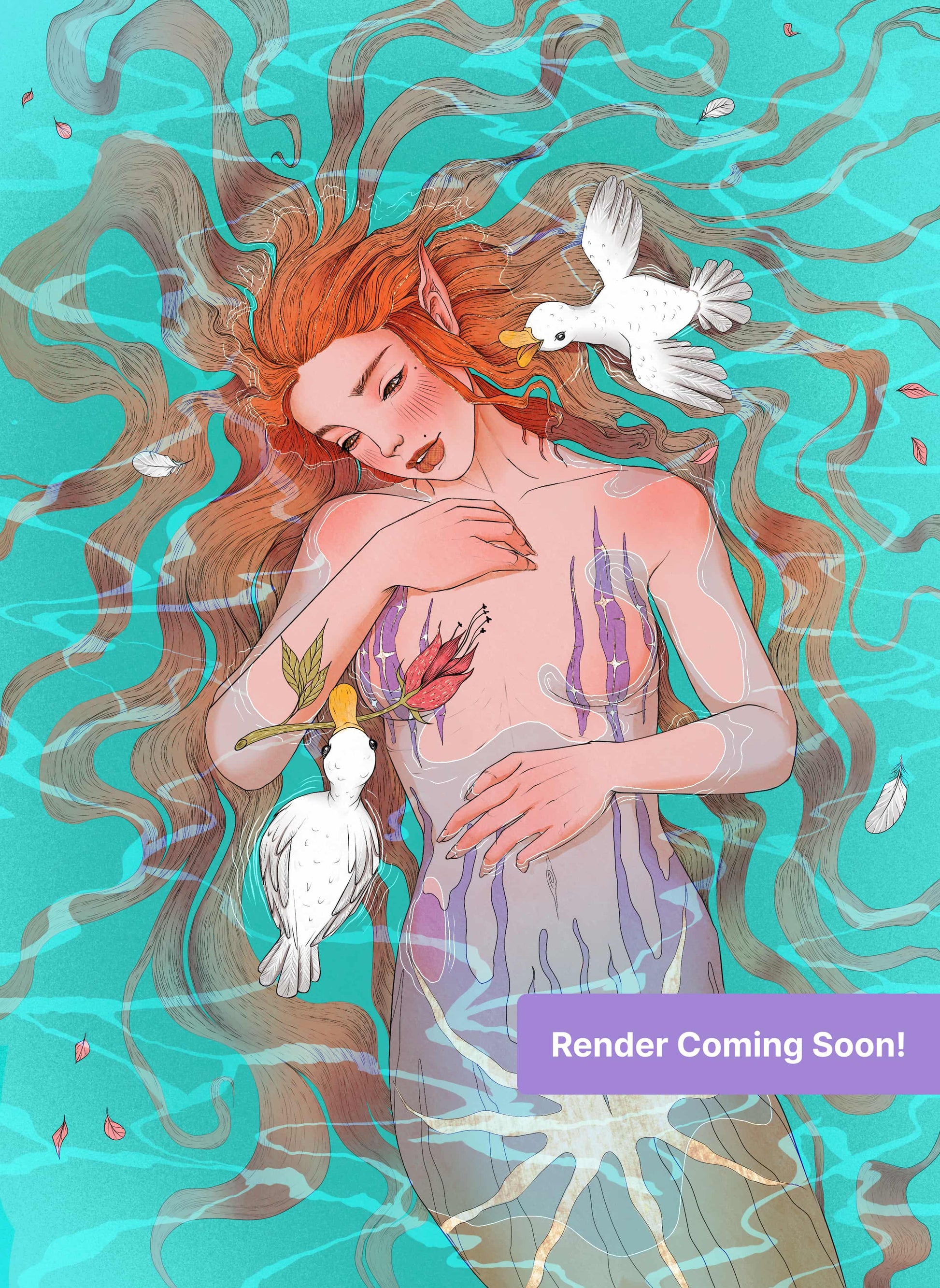 Fantasy mermaid woman with flowing hair, white birds, and turquoise background