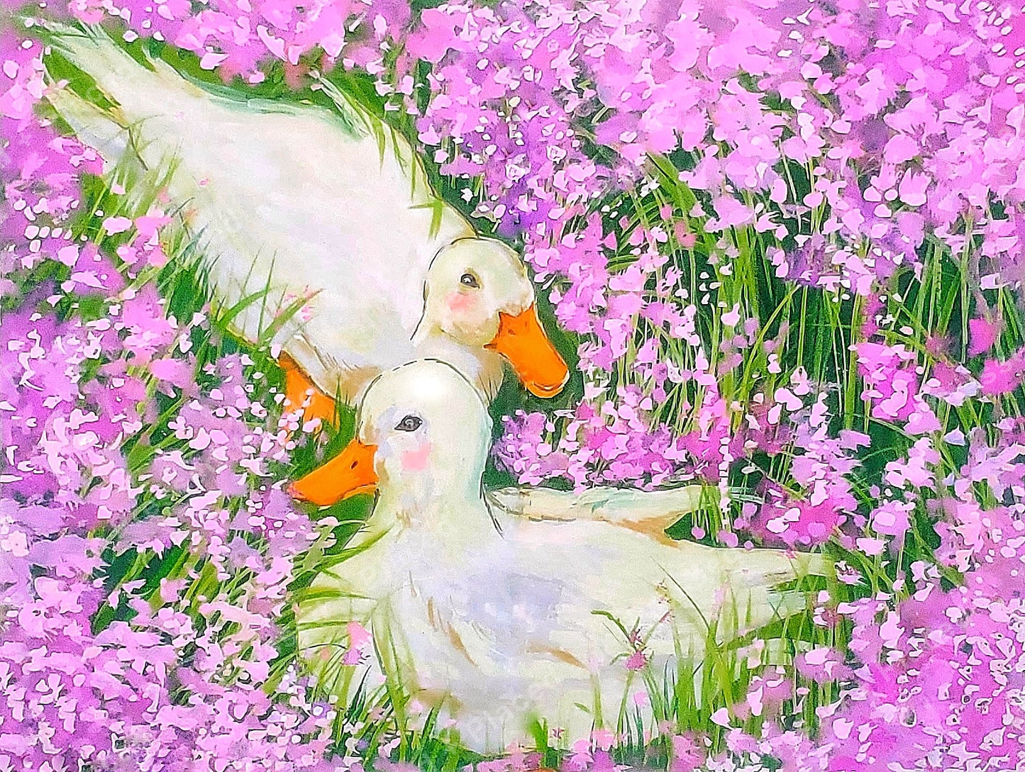Two white ducks in a pink floral garden, watercolor-style diamond art scene
