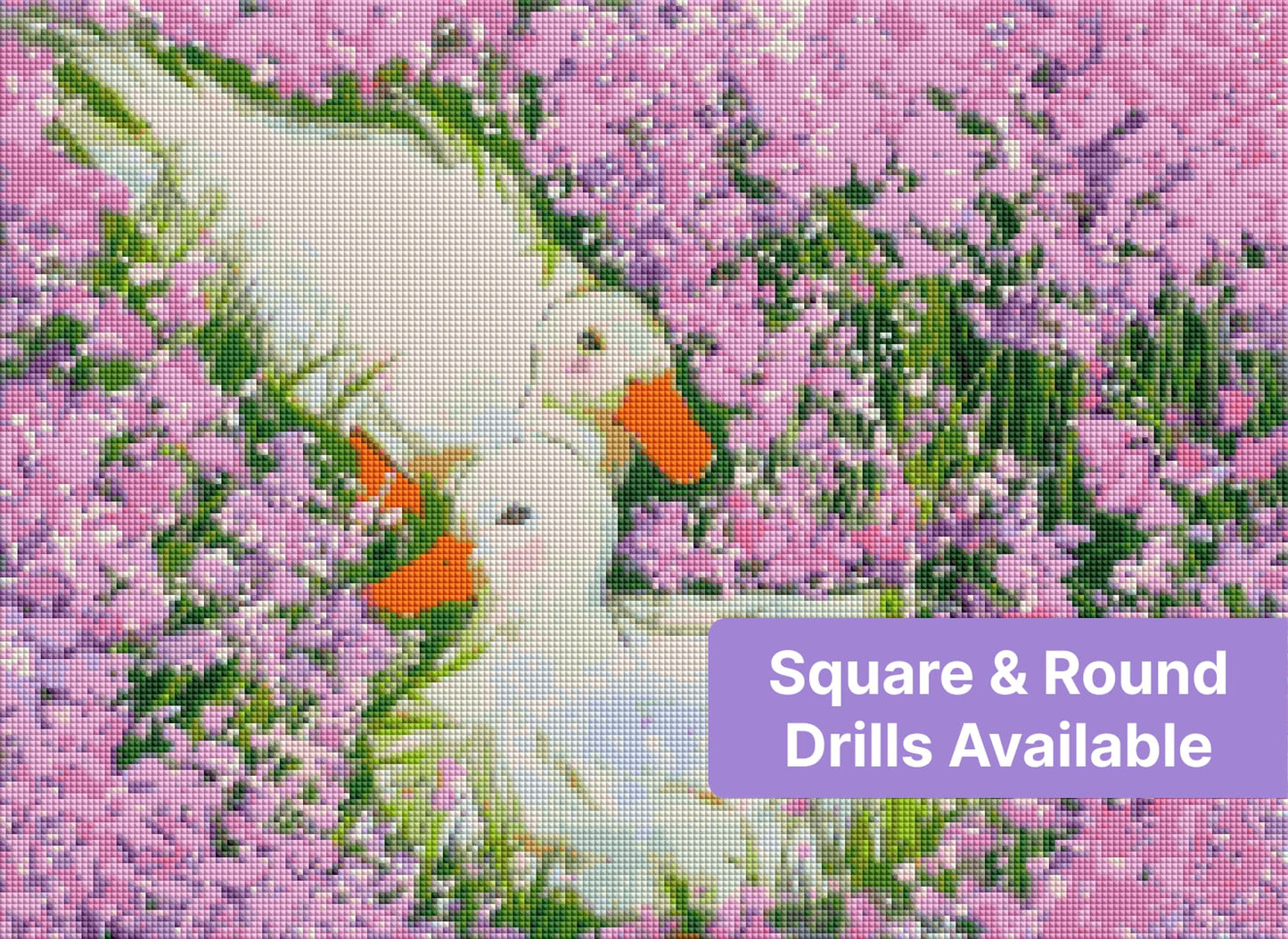 Two white ducks in a pink floral garden, watercolor-style diamond art scene