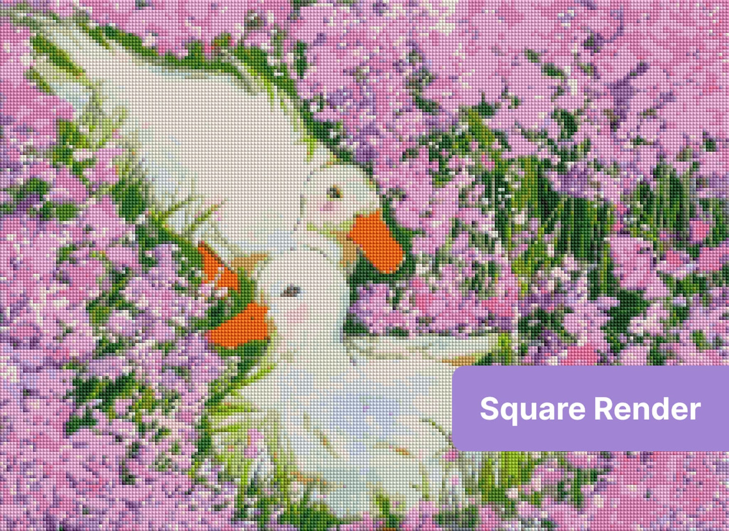 Two white ducks in a pink floral garden, watercolor-style diamond art scene