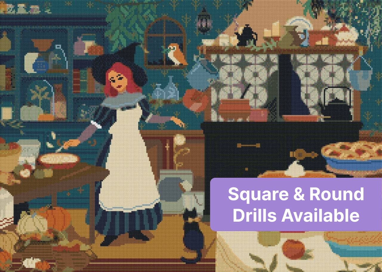 Whimsical witch baking pies in a cozy autumn kitchen with rustic cottagecore details