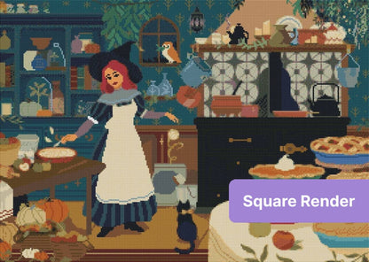 Whimsical witch baking pies in a cozy autumn kitchen with rustic cottagecore details