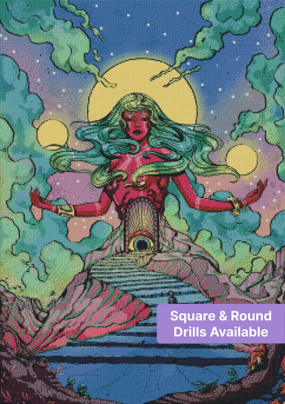 Fantasy goddess with flowing green hair beneath glowing moons and a surreal staircase scene