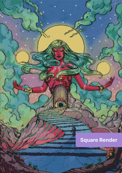 Fantasy goddess with flowing green hair beneath glowing moons and a surreal staircase scene