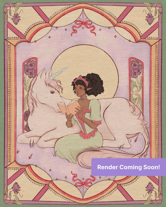 Fairy girl reading beside a white unicorn in a pastel ornate fantasy frame