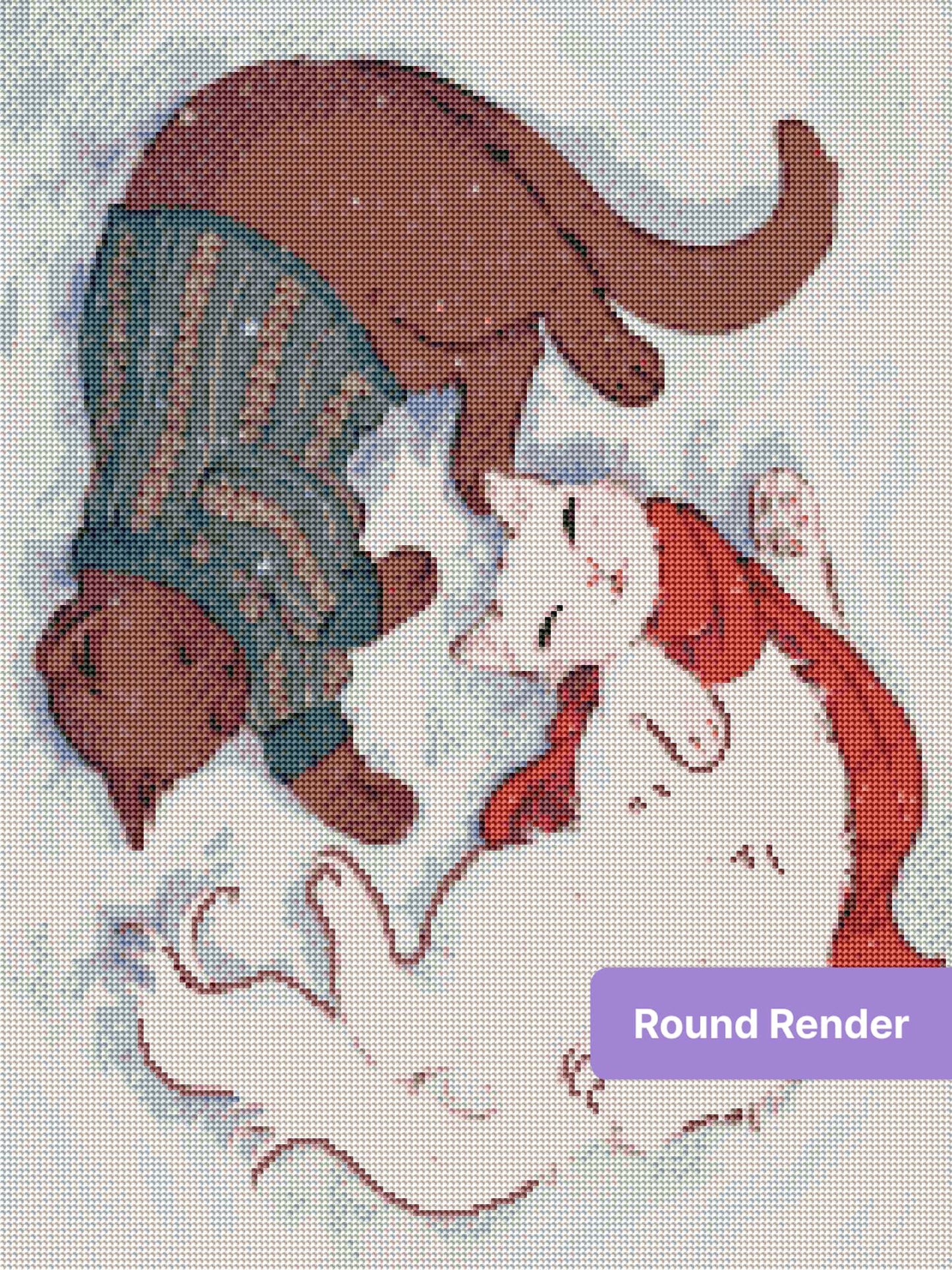 Cartoon cat and dog cuddling in winter clothes with soft snowy pastel background