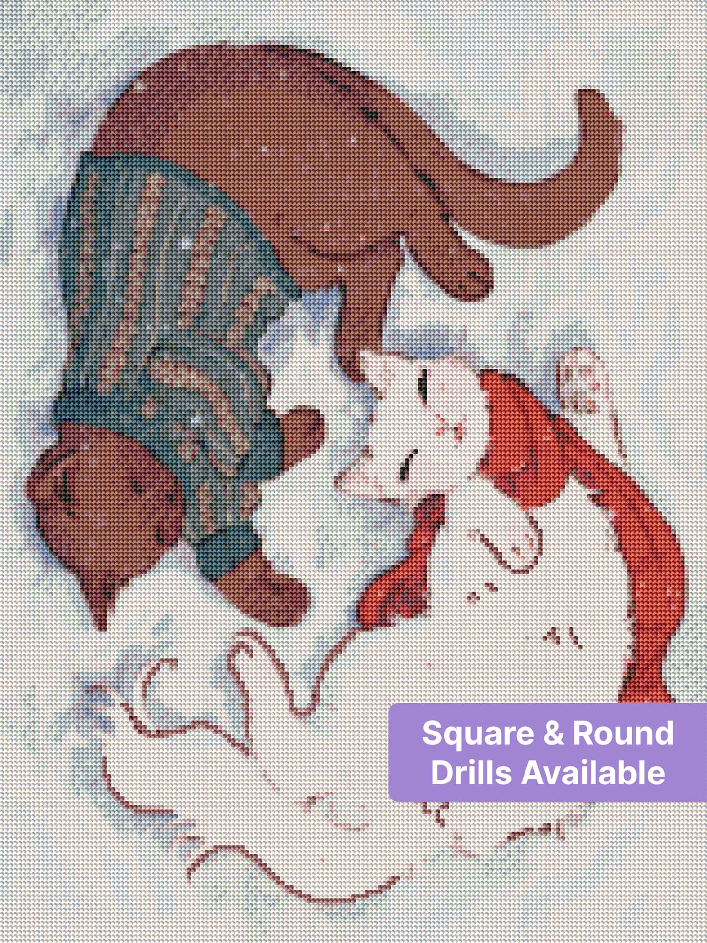 Cartoon cat and dog cuddling in winter clothes with soft snowy pastel background