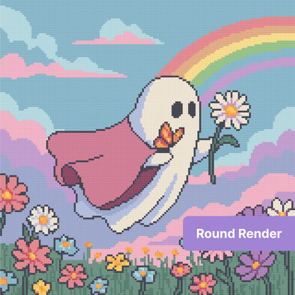 Cute ghost with rainbow, clouds, and pastel flowers in whimsical pixel art style
