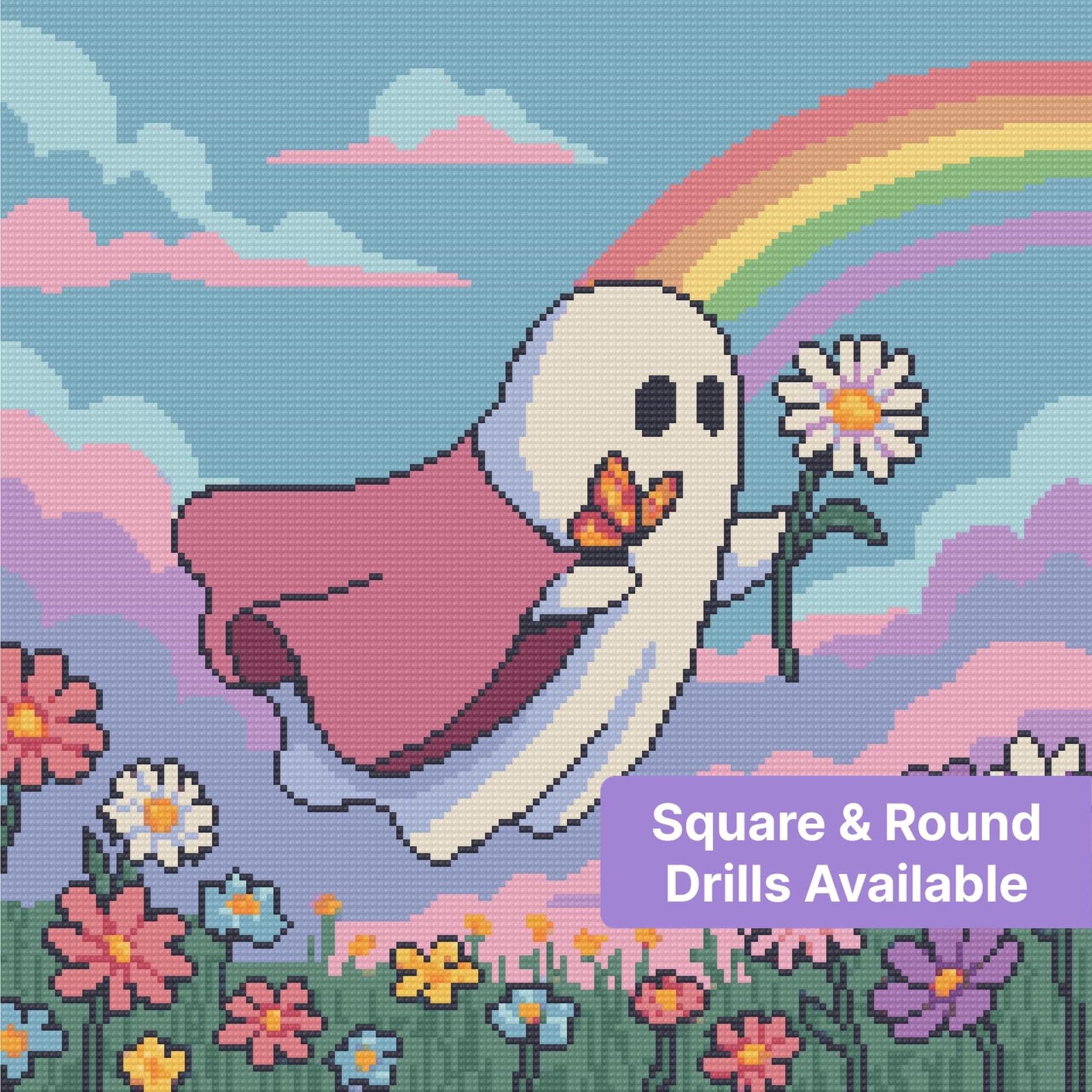Cute ghost with rainbow, clouds, and pastel flowers in whimsical pixel art style