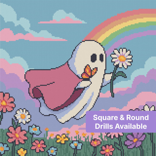 Cute ghost with rainbow, clouds, and pastel flowers in whimsical pixel art style