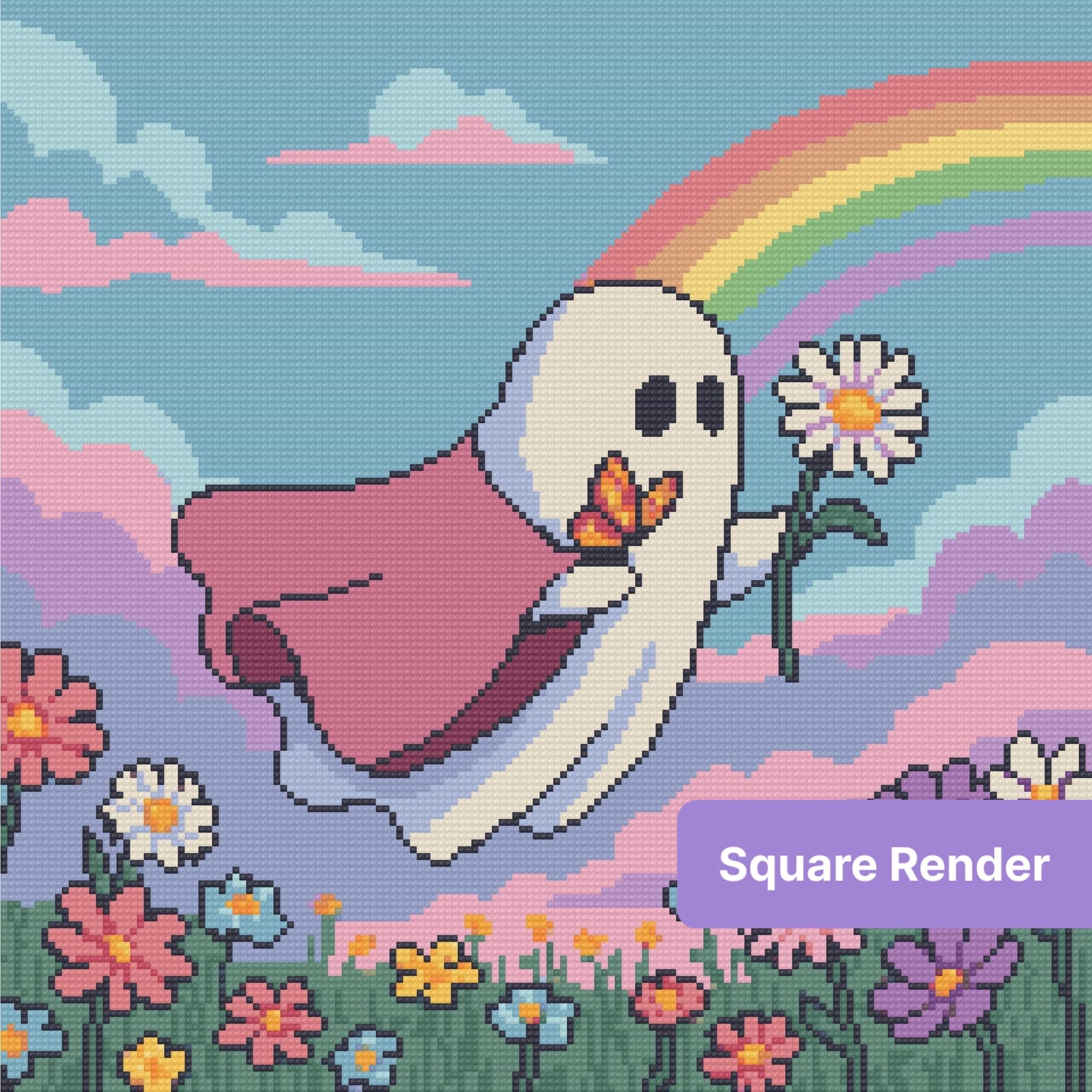 Cute ghost with rainbow, clouds, and pastel flowers in whimsical pixel art style