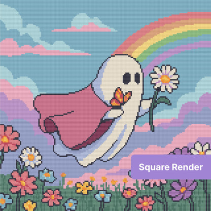Cute ghost with rainbow, clouds, and pastel flowers in whimsical pixel art style
