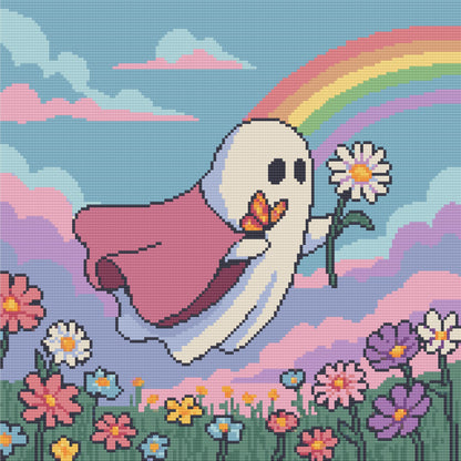 Cute ghost with rainbow, clouds, and pastel flowers in whimsical pixel art style