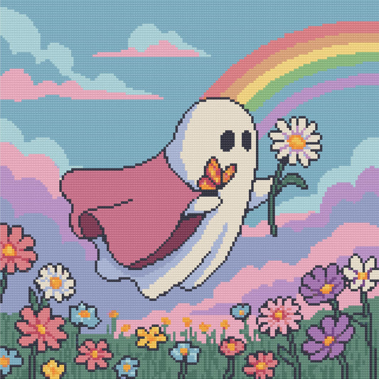 Cute ghost with rainbow, clouds, and pastel flowers in whimsical pixel art style