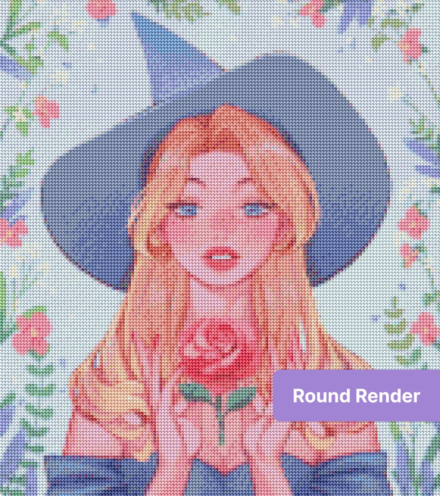 Anime-style blonde girl in a blue witch hat holding a pink rose with floral accents