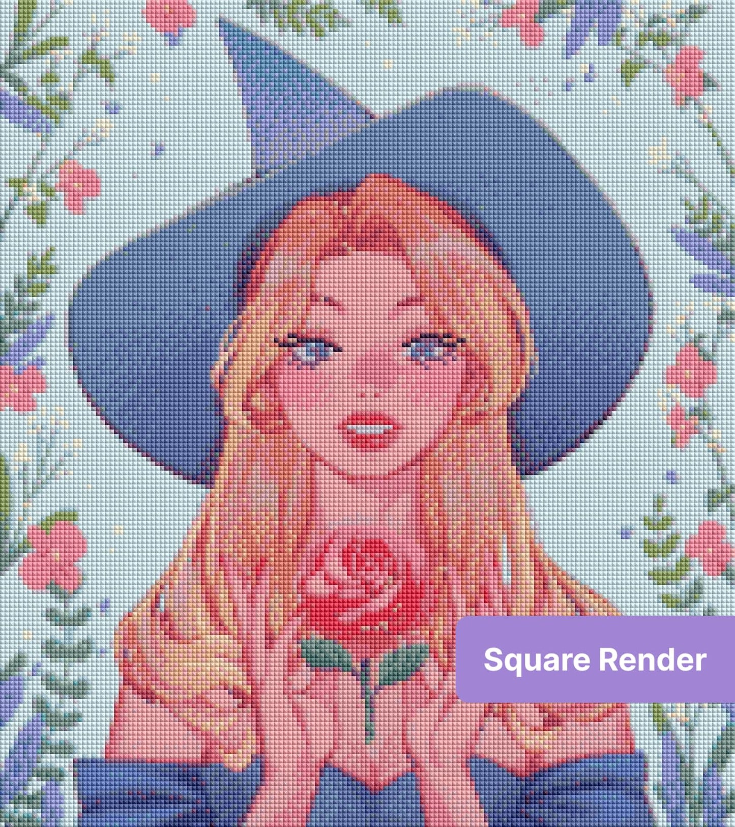 Anime-style blonde girl in a blue witch hat holding a pink rose with floral accents