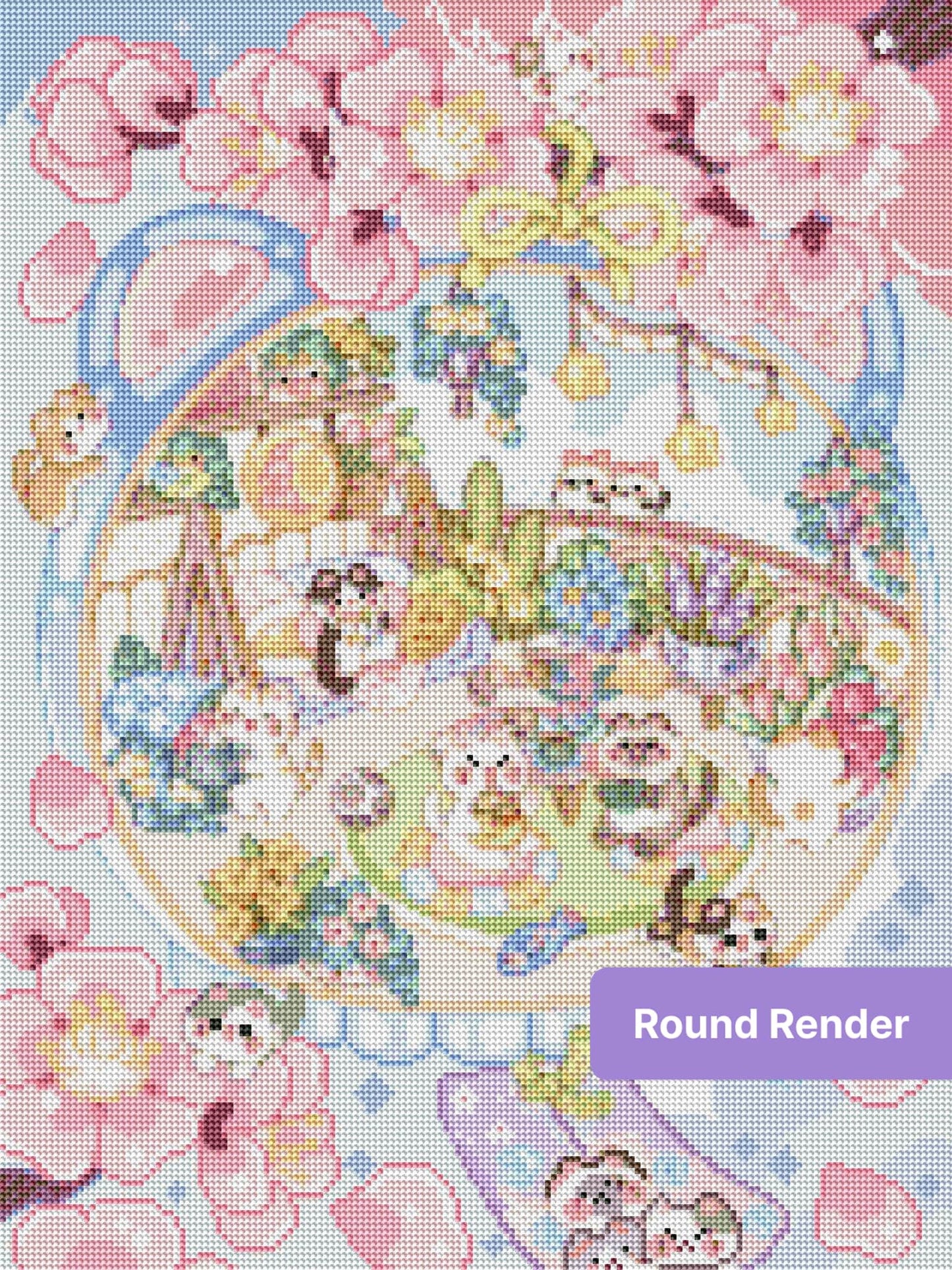 Cute pastel cat garden scene with pink blossoms, flowers, and whimsical kawaii details