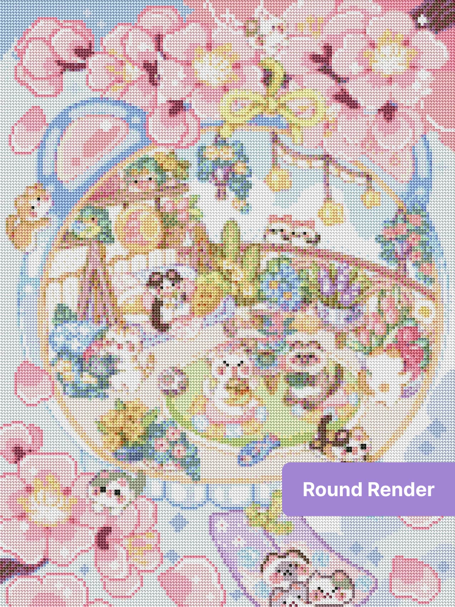 Cute pastel cat garden scene with pink blossoms, flowers, and whimsical kawaii details