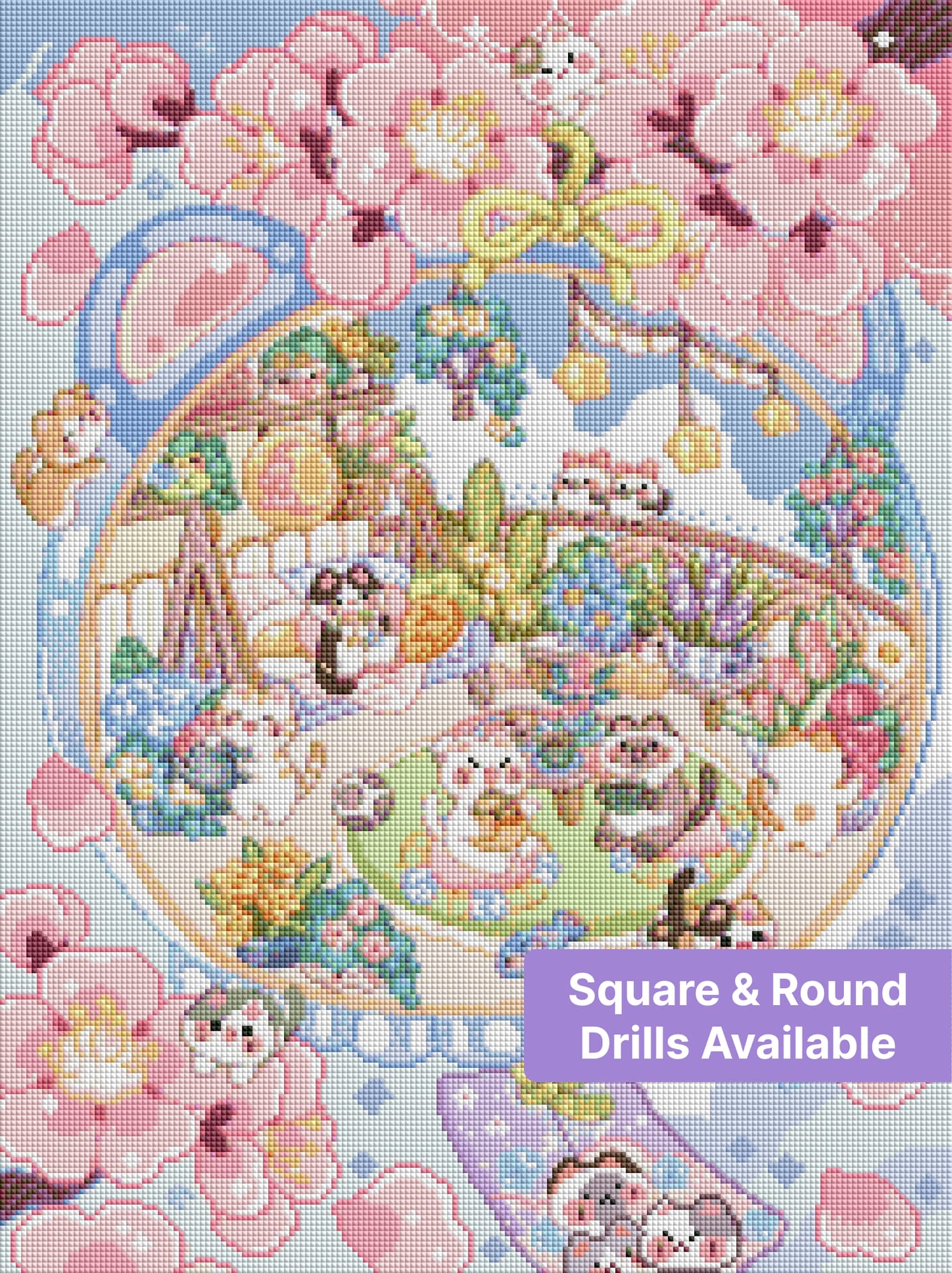 Cute pastel cat garden scene with pink blossoms, flowers, and whimsical kawaii details
