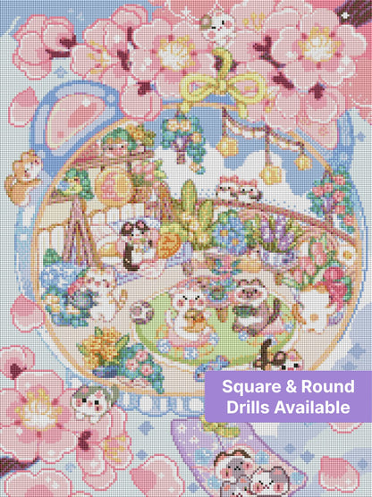 Cute pastel cat garden scene with pink blossoms, flowers, and whimsical kawaii details
