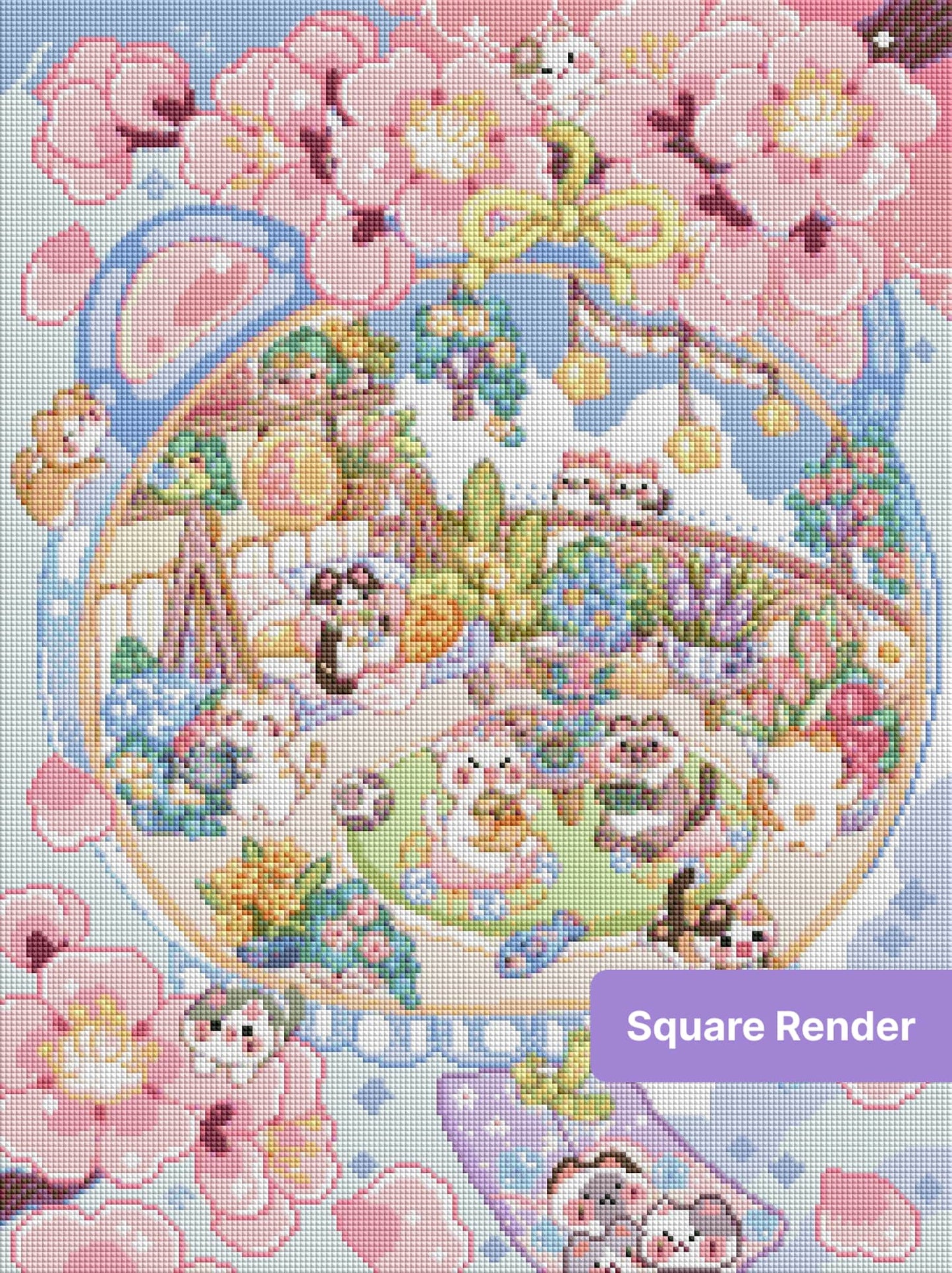 Cute pastel cat garden scene with pink blossoms, flowers, and whimsical kawaii details