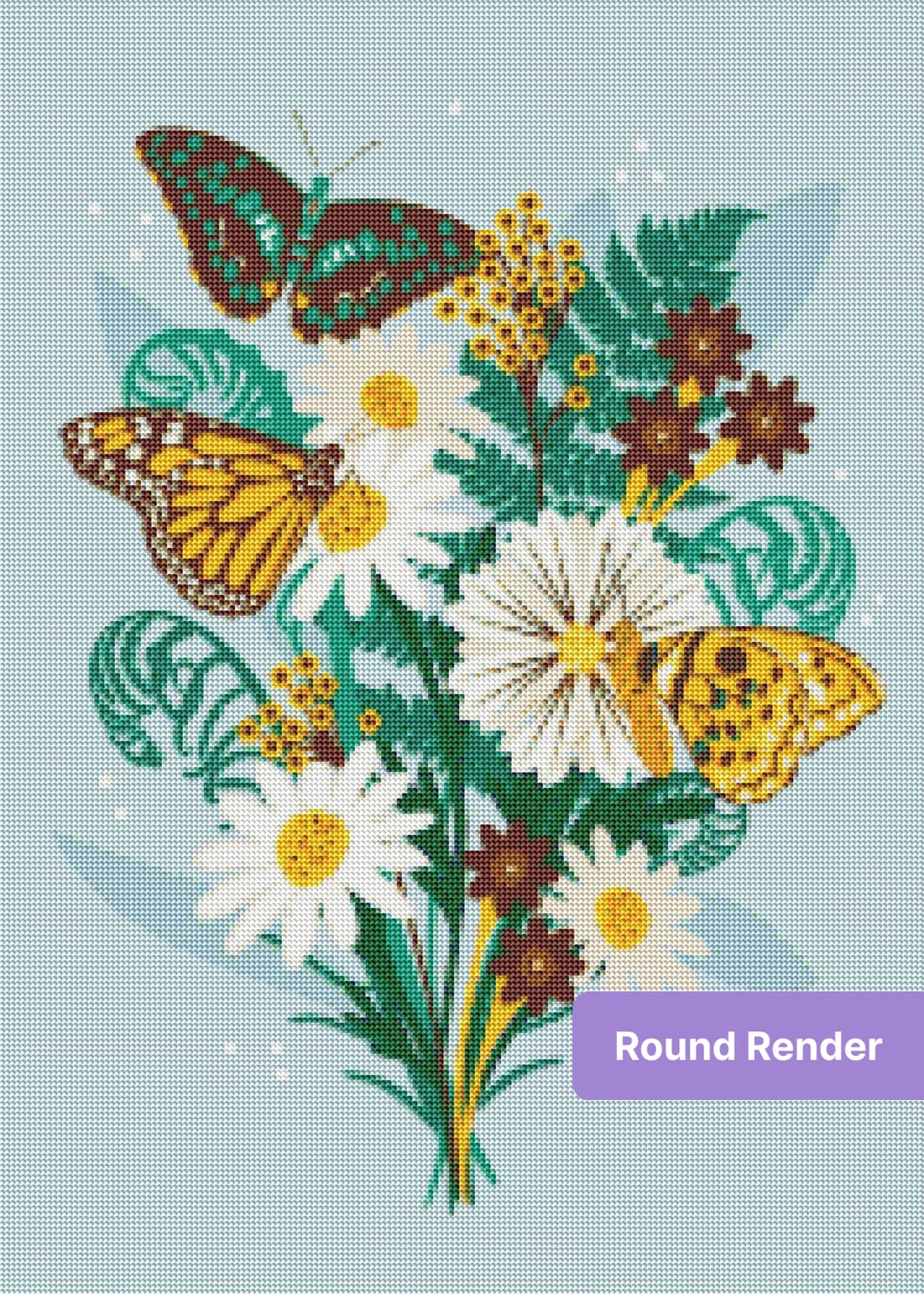 Floral bouquet with colorful butterflies in a whimsical botanical style