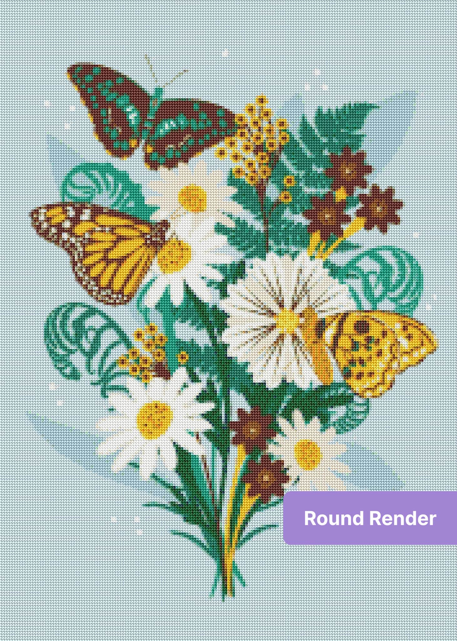 Floral bouquet with colorful butterflies in a whimsical botanical style