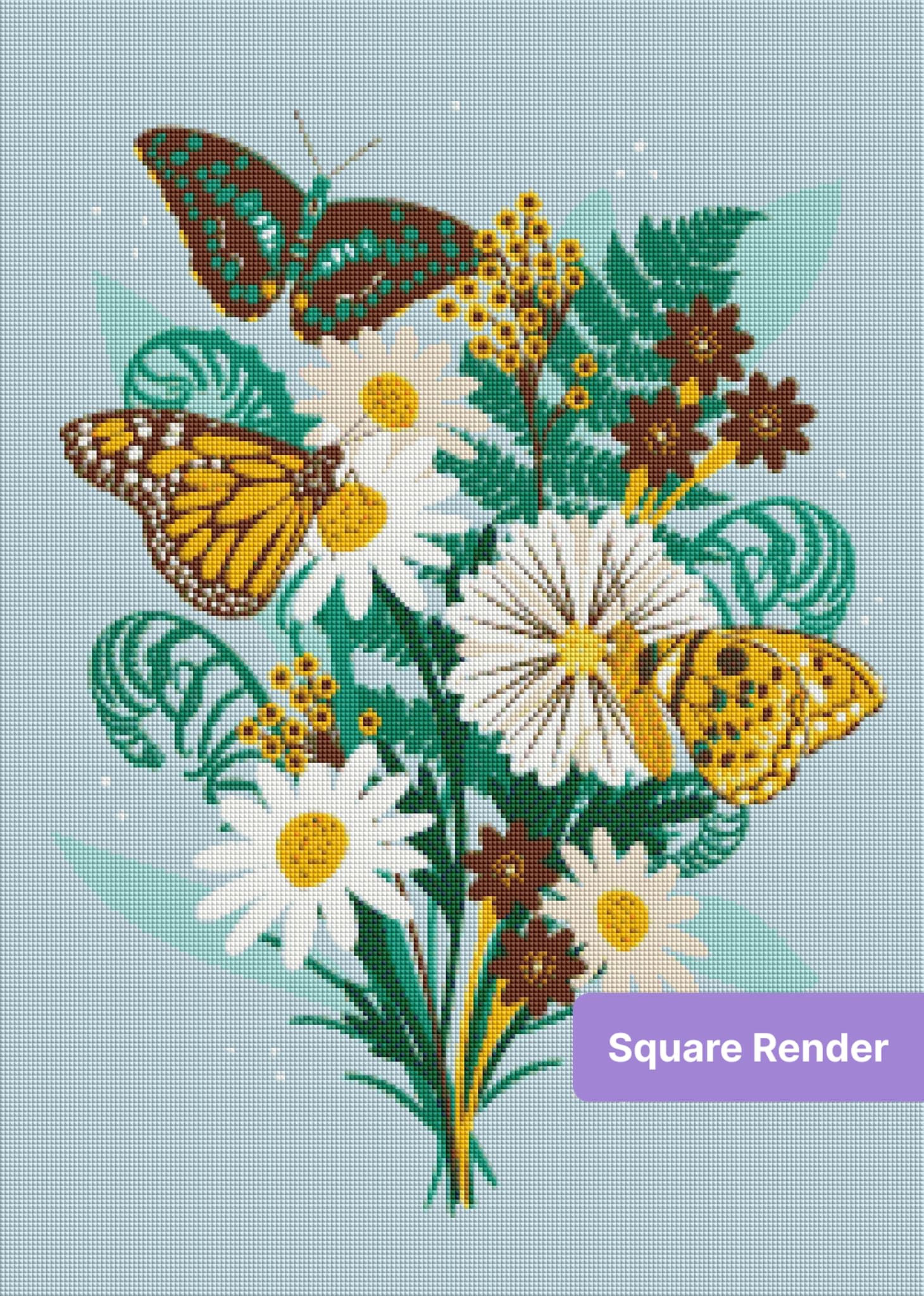 Floral bouquet with colorful butterflies in a whimsical botanical style