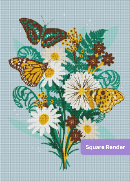 Floral bouquet with colorful butterflies in a whimsical botanical style