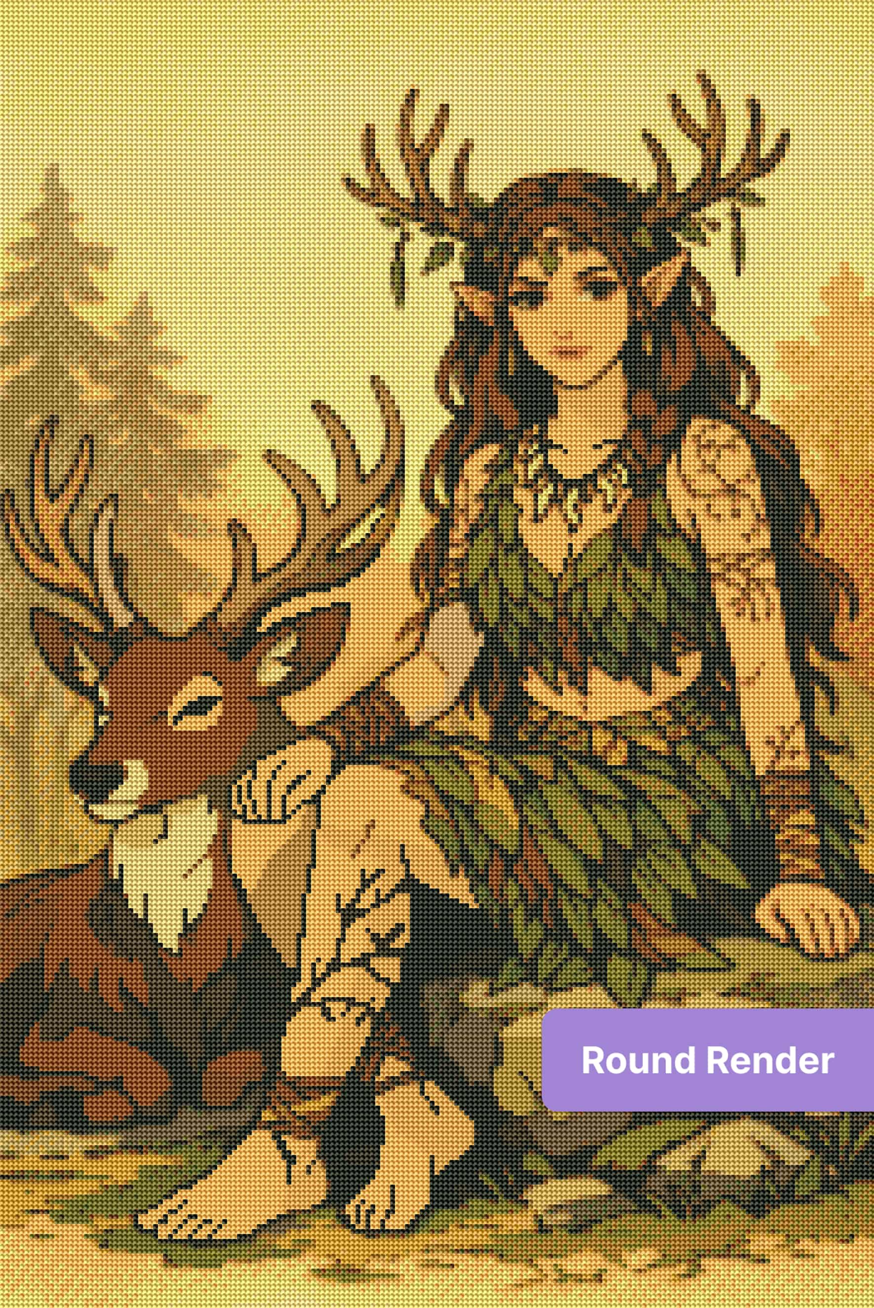 Fantasy forest fairy with antlers seated beside a deer in warm autumn tones
