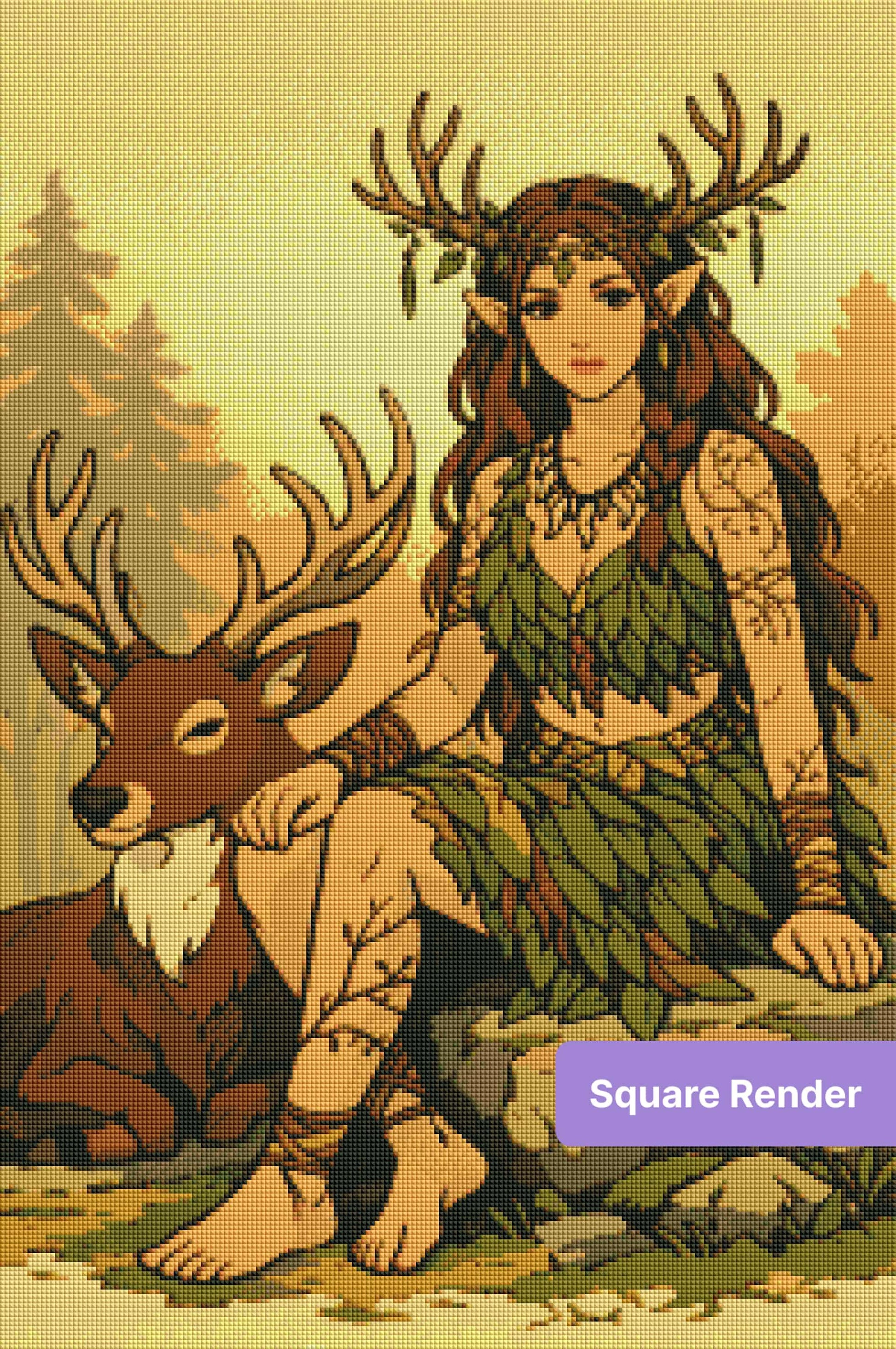 Fantasy forest fairy with antlers seated beside a deer in warm autumn tones