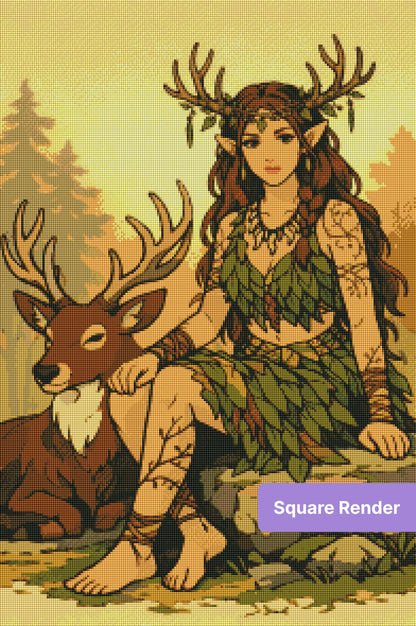 Fantasy forest fairy with antlers seated beside a deer in warm autumn tones