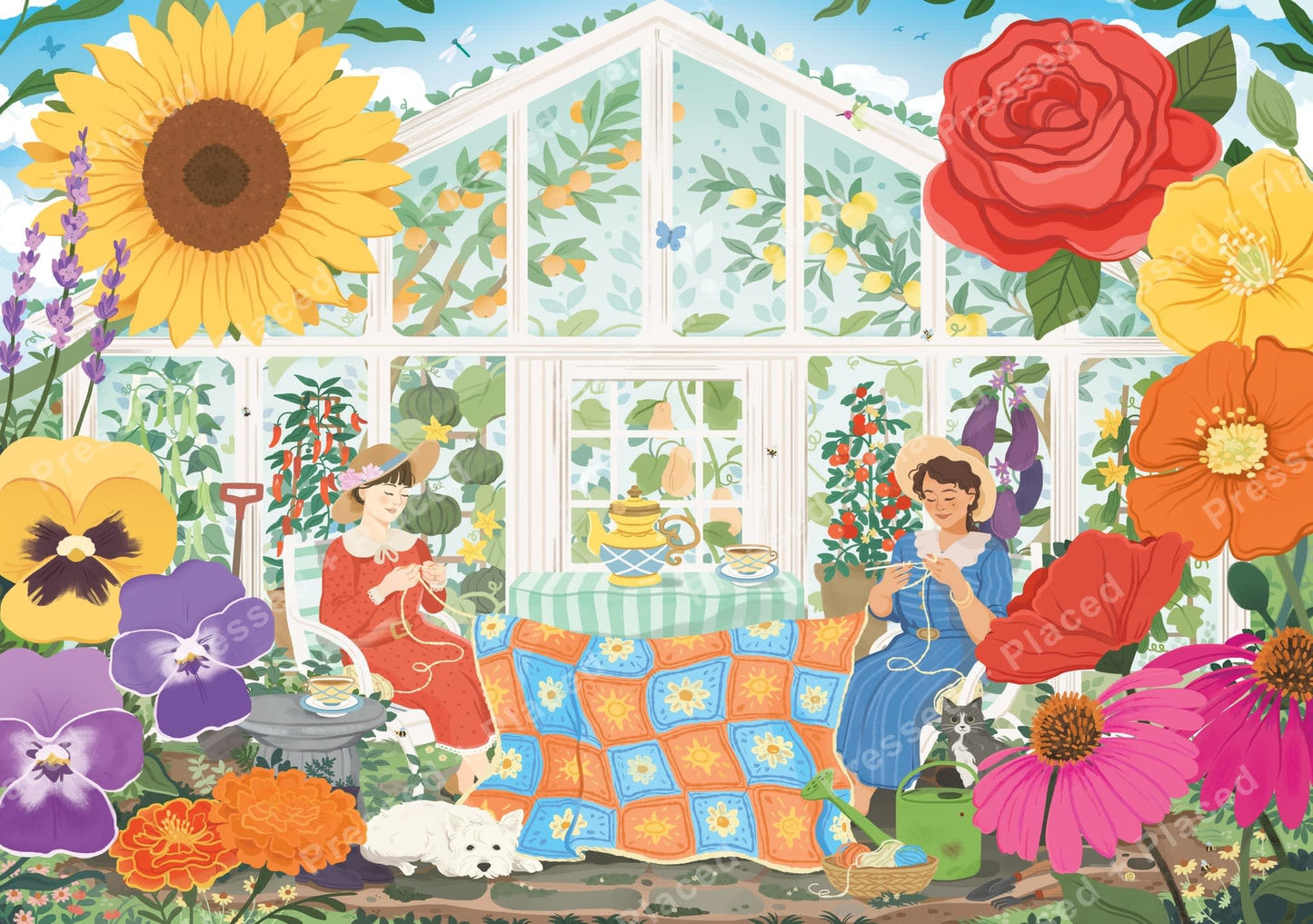 Whimsical greenhouse garden scene with two women, oversized flowers, and cozy cottage details